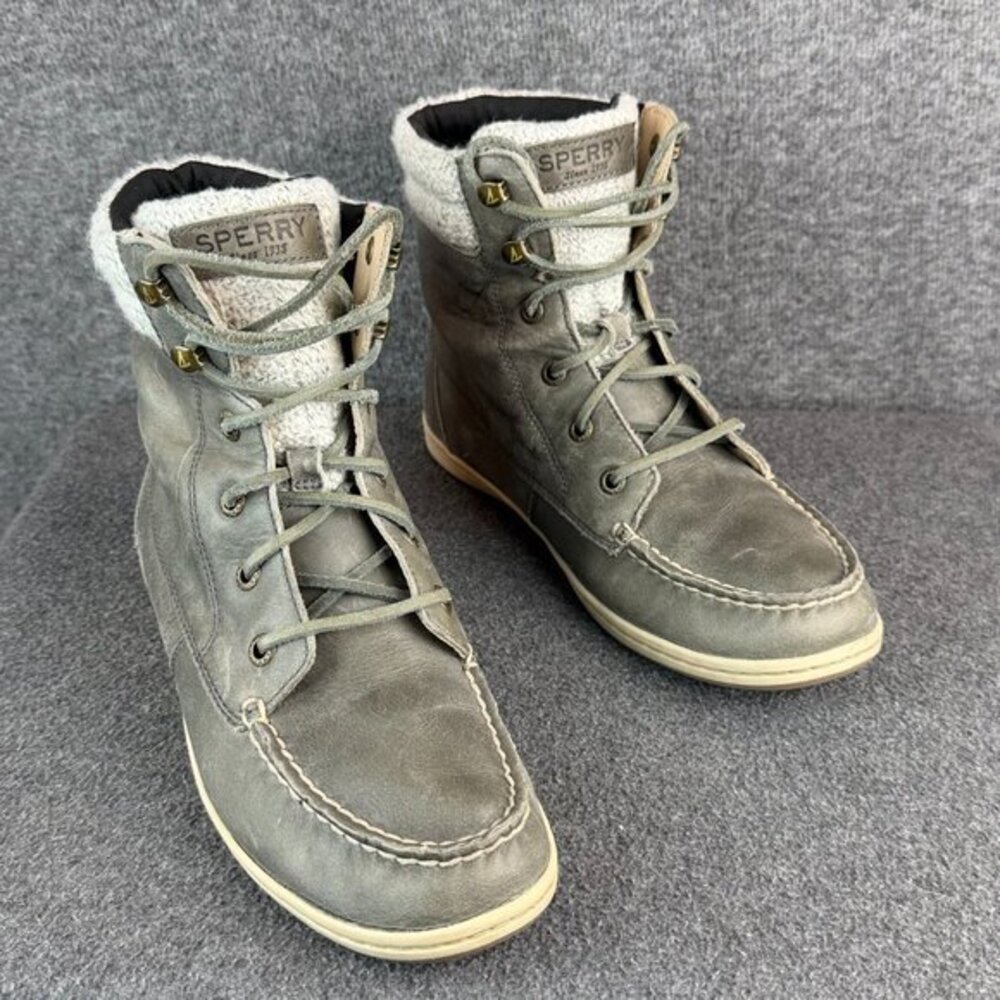 Sperry Topsider Gray Leather Lace‎ Up Sweater Cuff Distressed Ankle Boots  7M